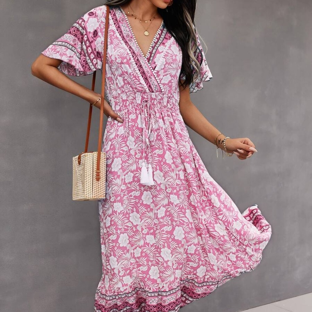 Boho Yellow Floral Print Butterfly Sleeve Midi Dress Cottagecore - Picture 5 of 13